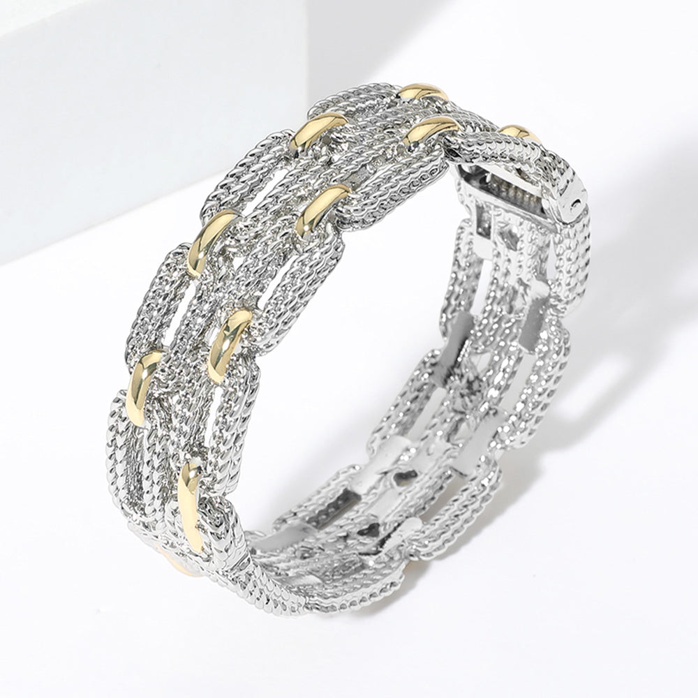 Two Tone Double Layered Textured Link Hinged Bangle Bracelet M H W ACCESSORIES LLC Two Tone Double Layered Textured Link Hinged Bangle Bracelet