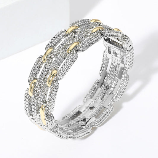Two Tone Double Layered Textured Link Hinged Bangle Bracelet M H W ACCESSORIES LLC Two Tone Double Layered Textured Link Hinged Bangle Bracelet