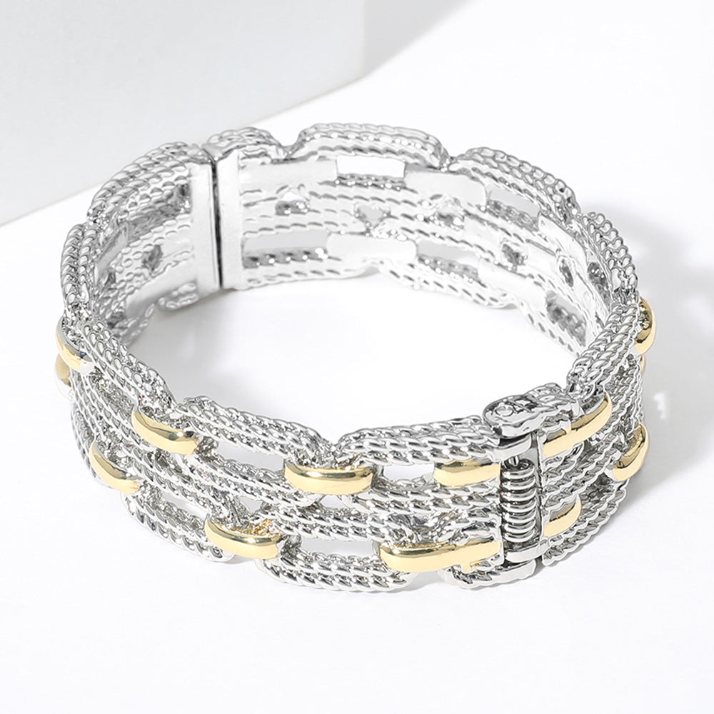 Two Tone Double Layered Textured Link Hinged Bangle Bracelet M H W ACCESSORIES LLC Two Tone Double Layered Textured Link Hinged Bangle Bracelet