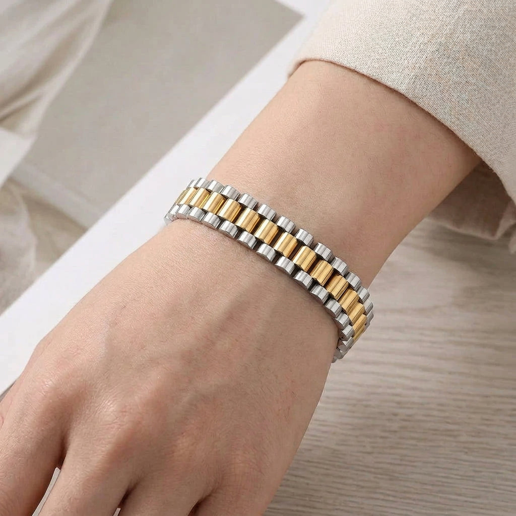 Gold Dipped Two Tone Stainless Steel President Jubilee Style Link Chain Bracelet M H W ACCESSORIES LLC Gold Dipped Two Tone Stainless Steel President Jubilee Style Link Chain Bracelet