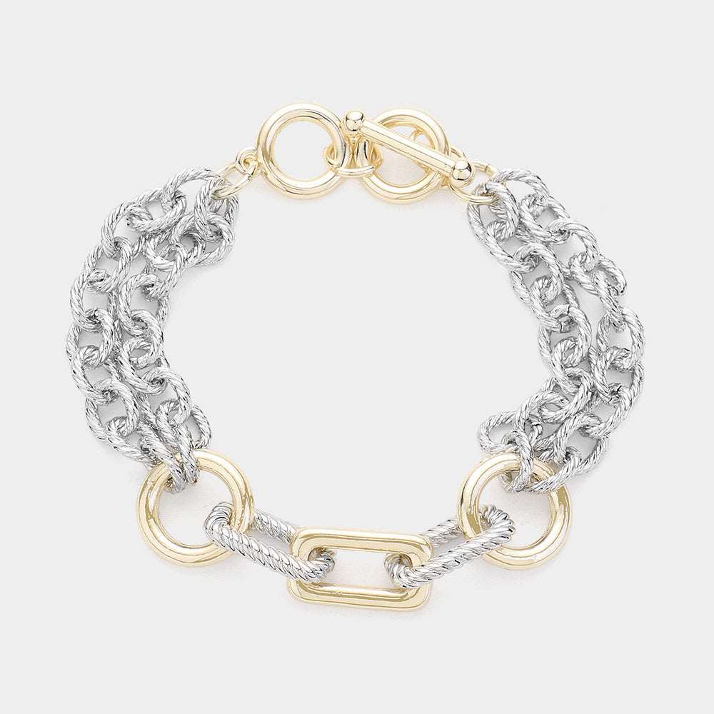 Silver Two Tone Metal Link Toggle Bracelet- M H W ACCESSORIES - M H W ACCESSORIES LLC