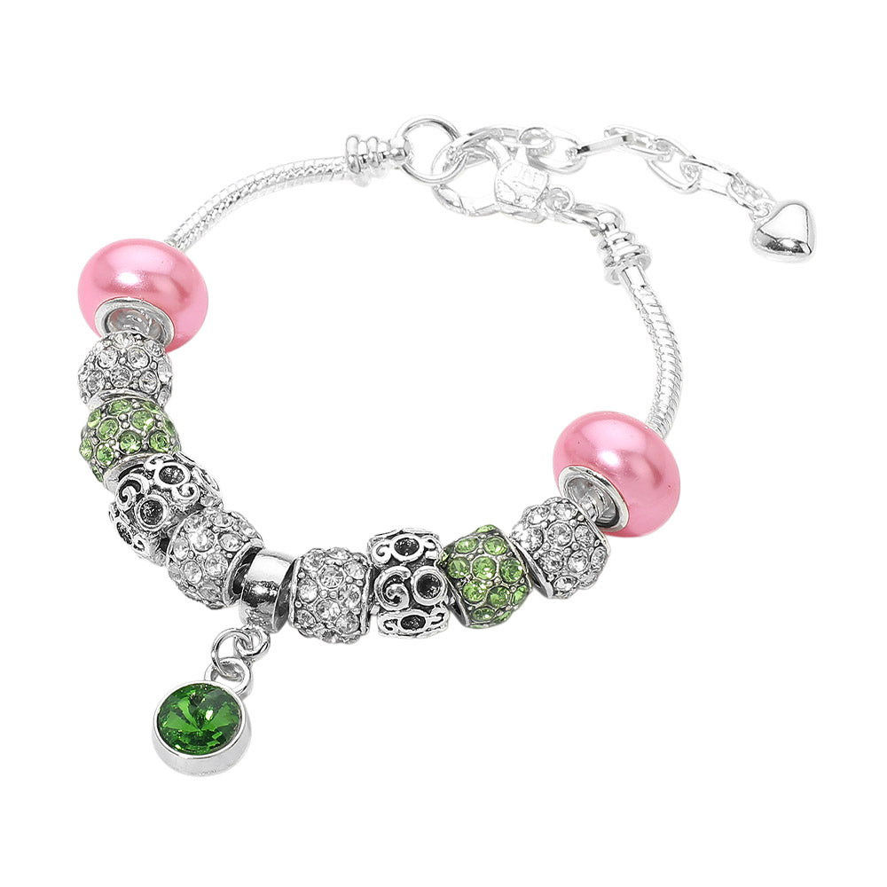 Pink & Green Round Bezel Charm Accent Multi Beaded Bracelet