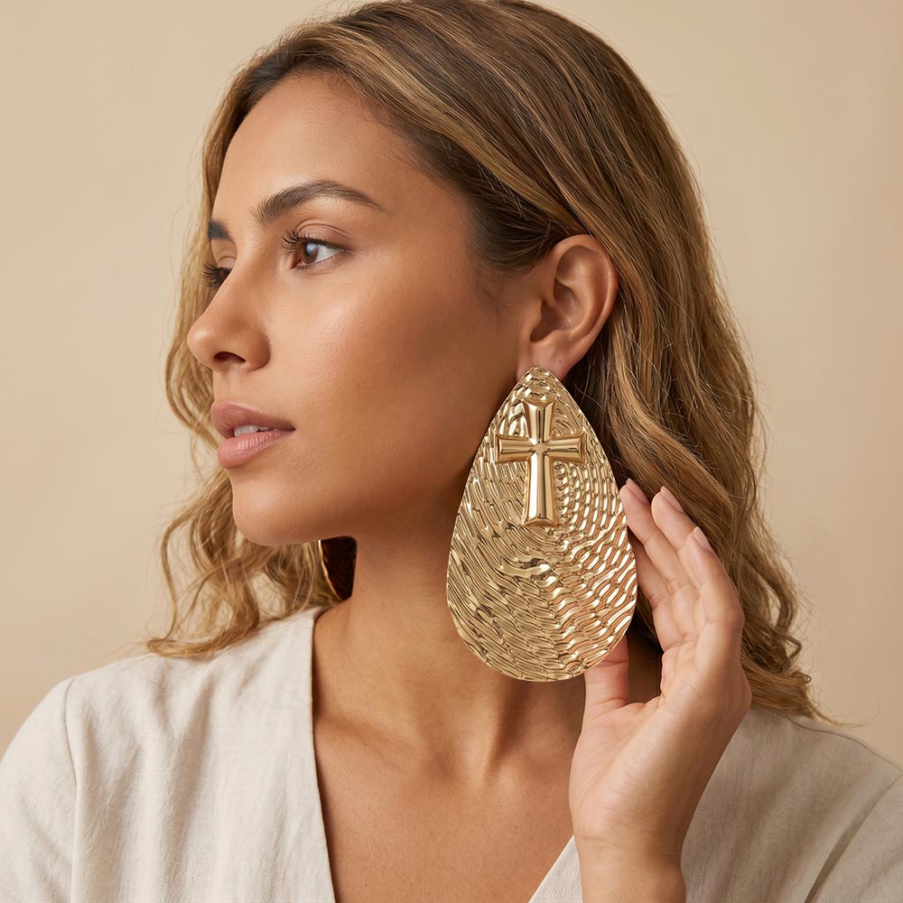 Oversized Textured Cross Accent Teardrop Statement Earrings