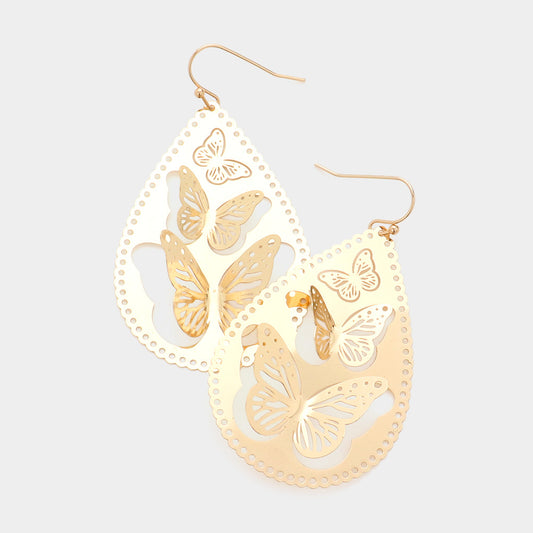 Cut Out Triple Butterfly Detailed Metal Teardrop Dangle Earrings