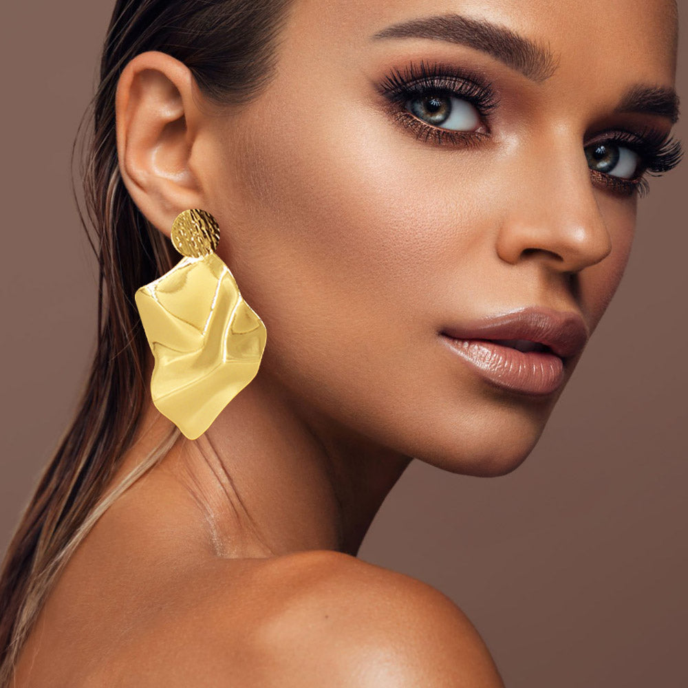 Gold Oversized Textured Metal Plate Dangle Earrings - M H W ACCESSORIES LLC