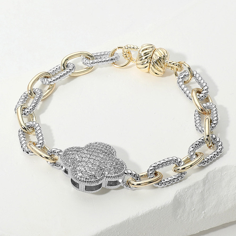 14K Gold Plated CZ Stone Paved Quatrefoil Charm Accent Two Tone Chain Magnetic Bracelet M H W ACCESSORIES LLC 14K Gold Plated CZ Stone Paved Quatrefoil Charm Accent Two Tone Chain Magnetic Bracelet