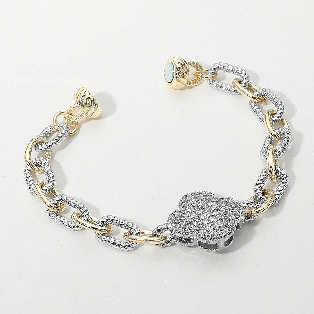14K Gold Plated CZ Stone Paved Quatrefoil Charm Accent Two Tone Chain Magnetic Bracelet M H W ACCESSORIES LLC 14K Gold Plated CZ Stone Paved Quatrefoil Charm Accent Two Tone Chain Magnetic Bracelet