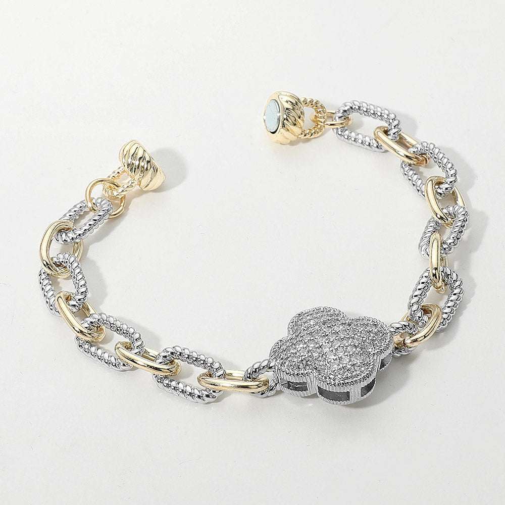 14K Gold Plated CZ Stone Paved Quatrefoil Charm Accent Two Tone Chain Magnetic Bracelet M H W ACCESSORIES LLC 14K Gold Plated CZ Stone Paved Quatrefoil Charm Accent Two Tone Chain Magnetic Bracelet
