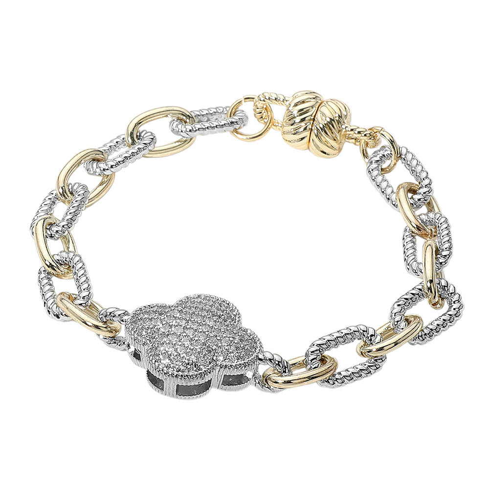 14K Gold Plated CZ Stone Paved Quatrefoil Charm Accent Two Tone Chain Magnetic Bracelet M H W ACCESSORIES LLC 14K Gold Plated CZ Stone Paved Quatrefoil Charm Accent Two Tone Chain Magnetic Bracelet