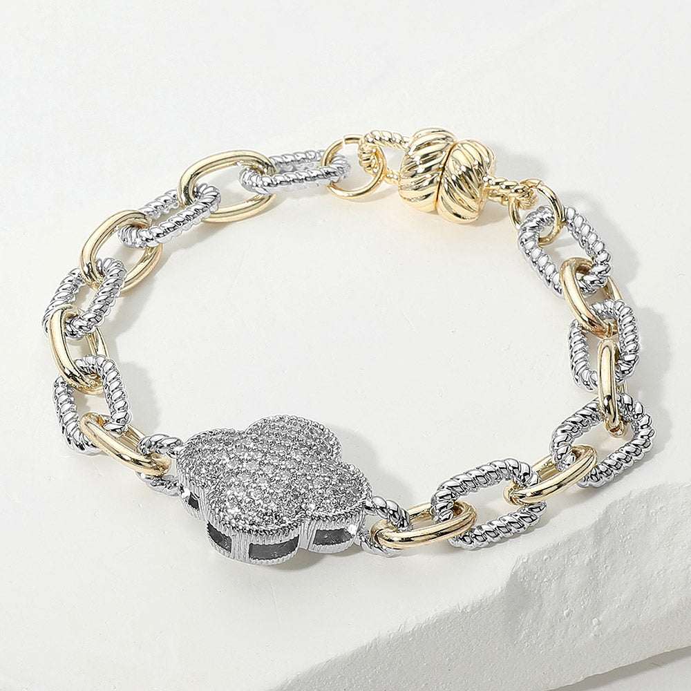 14K Gold Plated CZ Stone Paved Quatrefoil Charm Accent Two Tone Chain Magnetic Bracelet M H W ACCESSORIES LLC 14K Gold Plated CZ Stone Paved Quatrefoil Charm Accent Two Tone Chain Magnetic Bracelet