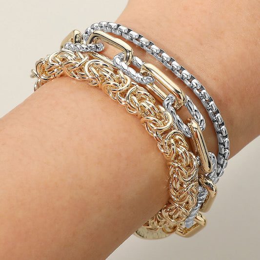 14K Gold Plated Two Tone Chunky Multi Chain Layered Magnetic Bracelet M H W ACCESSORIES LLC 14K Gold Plated Two Tone Chunky Multi Chain Layered Magnetic Bracelet