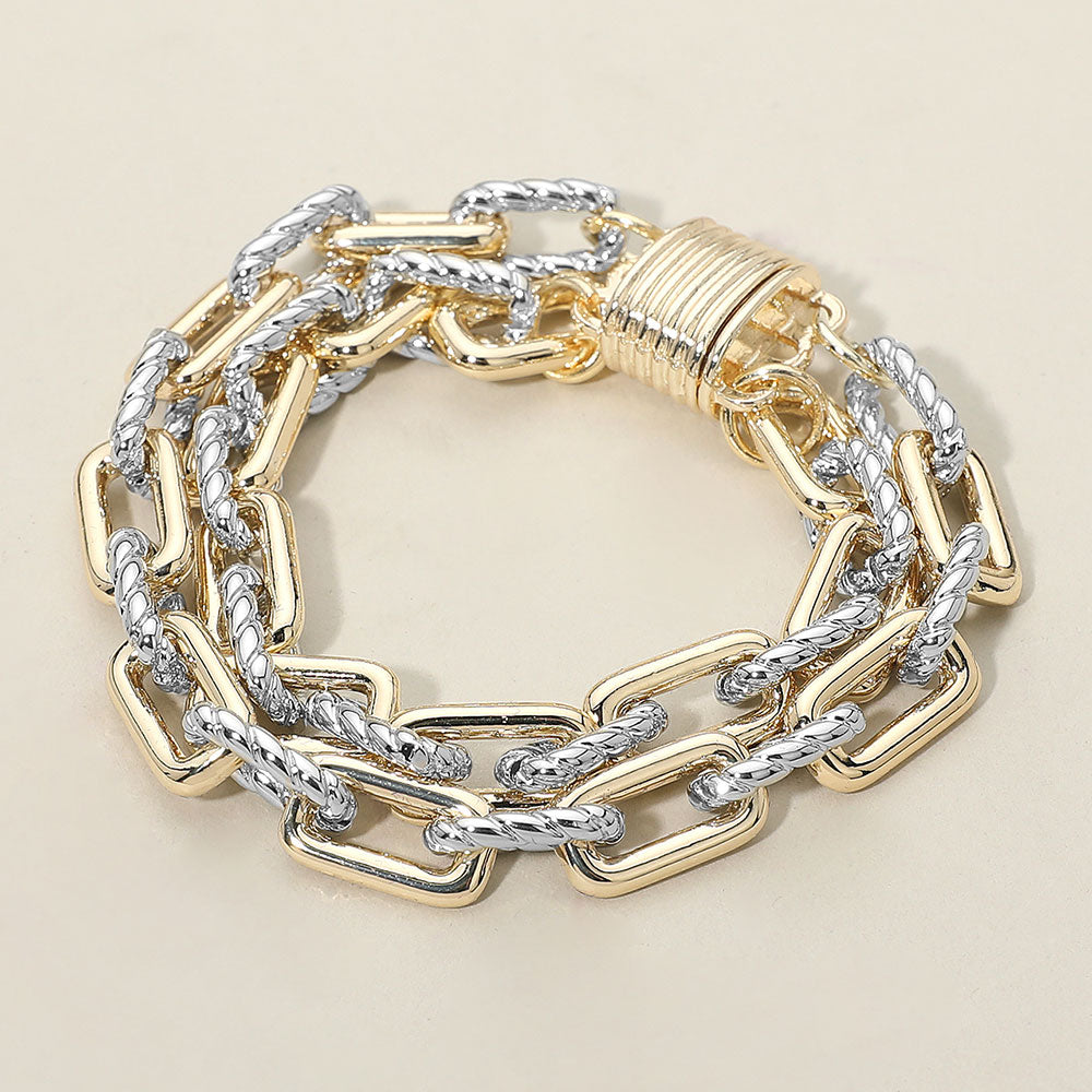 14K Gold Plated Two Tone Layered Chunky Chain Magnetic Bracelet M H W ACCESSORIES LLC 14K Gold Plated Two Tone Layered Chunky Chain Magnetic Bracelet