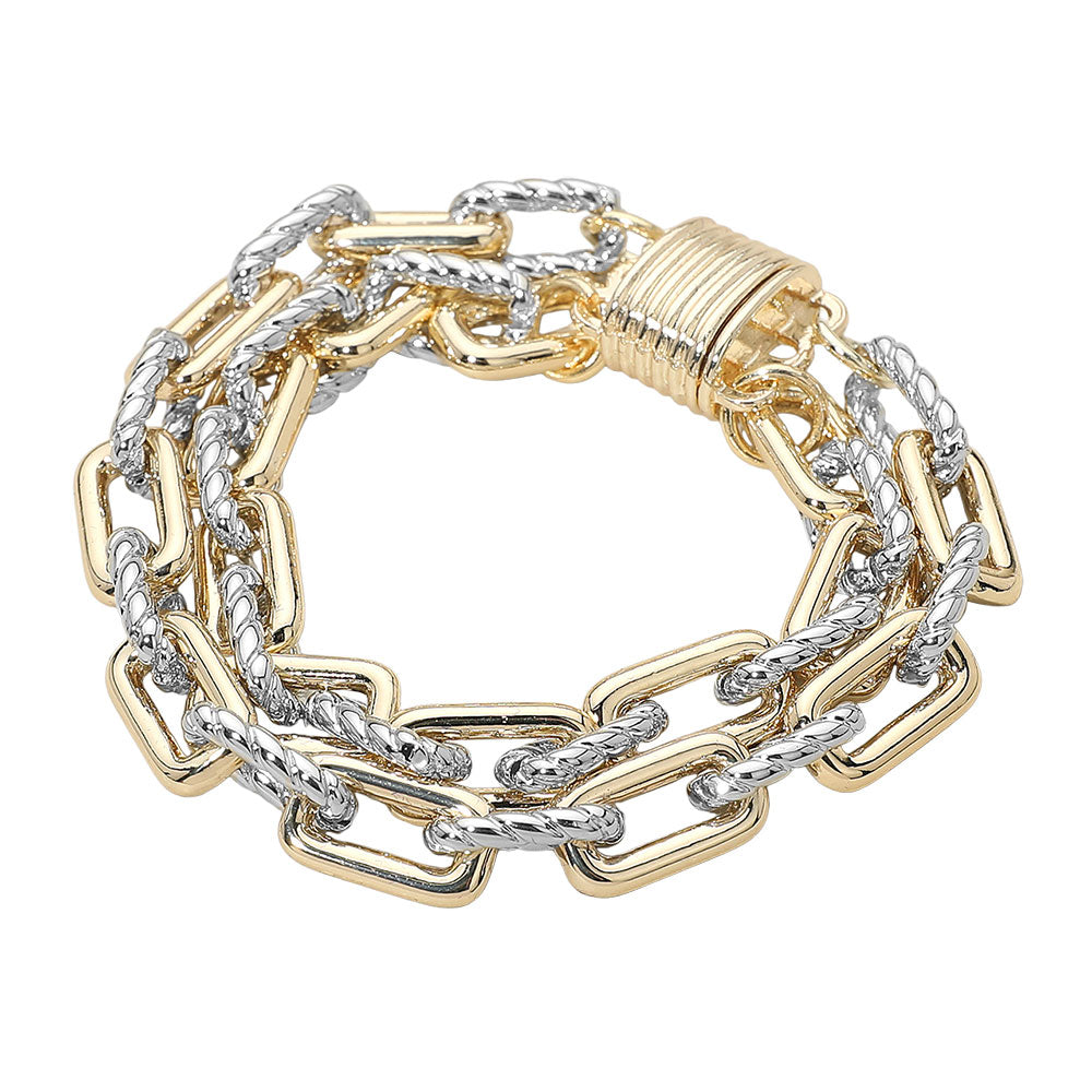 14K Gold Plated Two Tone Layered Chunky Chain Magnetic Bracelet M H W ACCESSORIES LLC 14K Gold Plated Two Tone Layered Chunky Chain Magnetic Bracelet