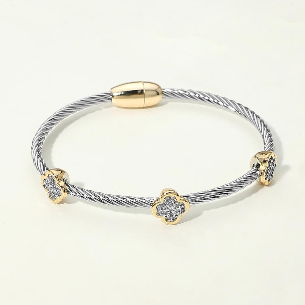 14K Gold Plated Two Tone CZ Pave Quatrefoil Bezel Station Twisted Cable Magnetic Bracelet M H W ACCESSORIES LLC 14K Gold Plated Two Tone CZ Pave Quatrefoil Bezel Station Twisted Cable Magnetic Bracelet