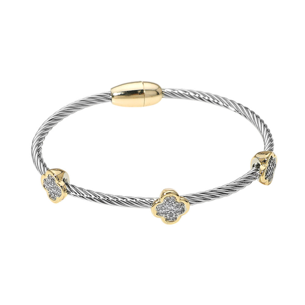 14K Gold Plated Two Tone CZ Pave Quatrefoil Bezel Station Twisted Cable Magnetic Bracelet M H W ACCESSORIES LLC 14K Gold Plated Two Tone CZ Pave Quatrefoil Bezel Station Twisted Cable Magnetic Bracelet