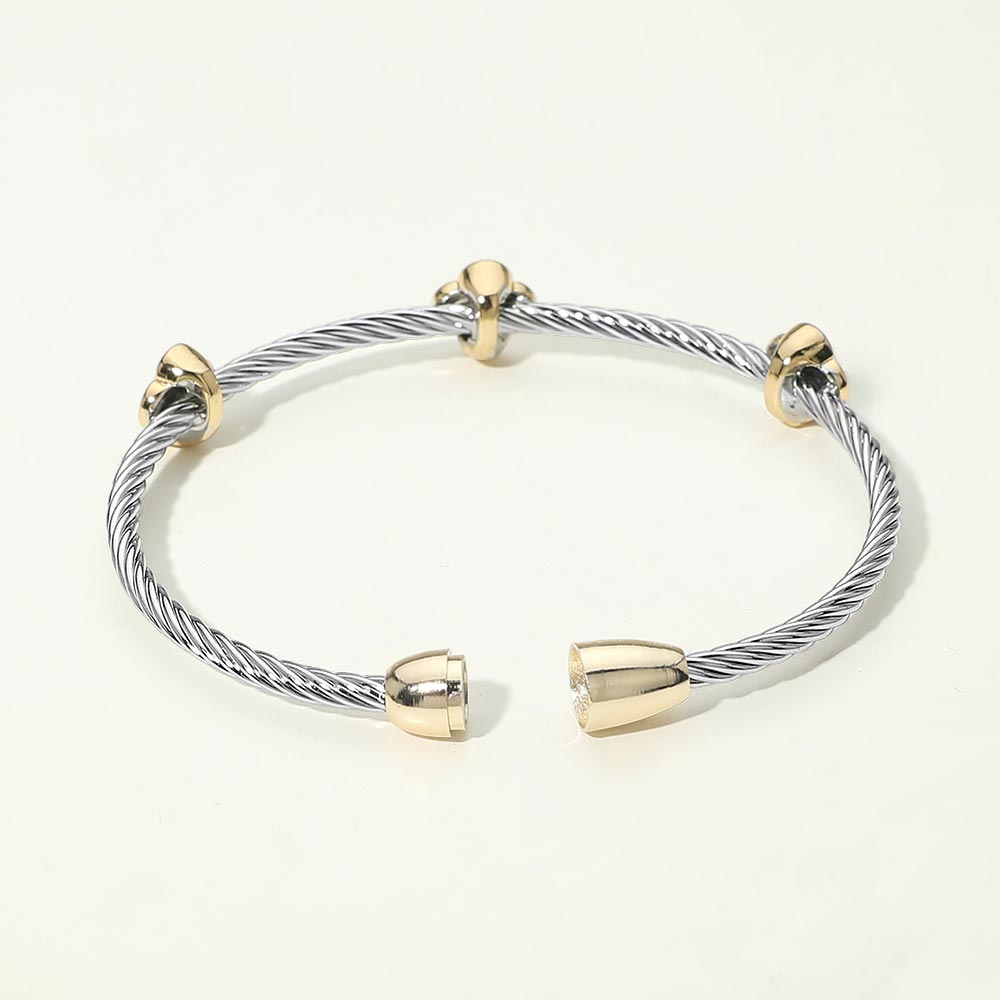 14K Gold Plated Two Tone CZ Pave Quatrefoil Bezel Station Twisted Cable Magnetic Bracelet M H W ACCESSORIES LLC 14K Gold Plated Two Tone CZ Pave Quatrefoil Bezel Station Twisted Cable Magnetic Bracelet