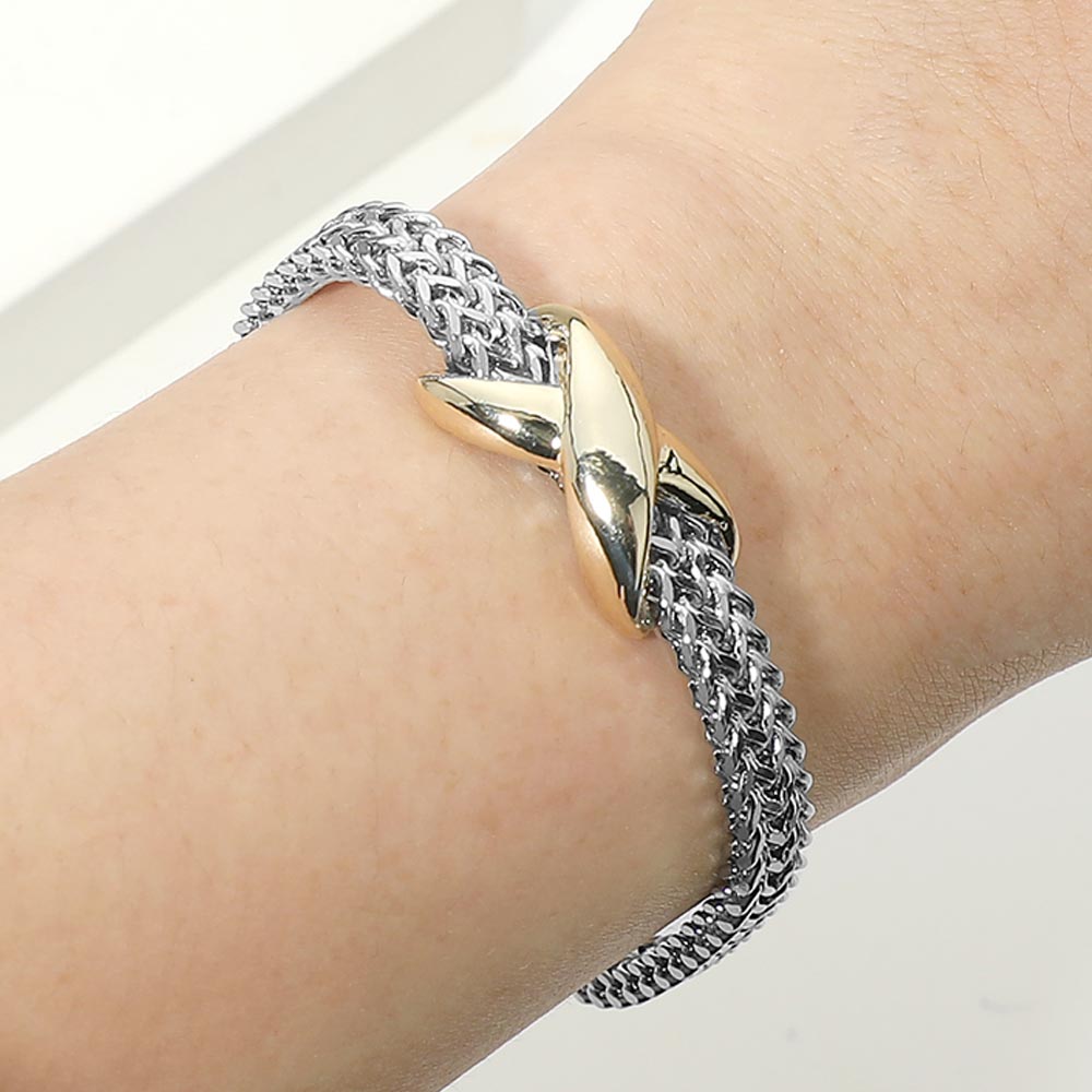 14K Gold Plated Two Tone Crisscross Centerpiece Mesh Chain Magnetic Bracelet M H W ACCESSORIES LLC 14K Gold Plated Two Tone Crisscross Centerpiece Mesh Chain Magnetic Bracelet