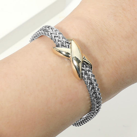 14K Gold Plated Two Tone Crisscross Centerpiece Mesh Chain Magnetic Bracelet M H W ACCESSORIES LLC 14K Gold Plated Two Tone Crisscross Centerpiece Mesh Chain Magnetic Bracelet