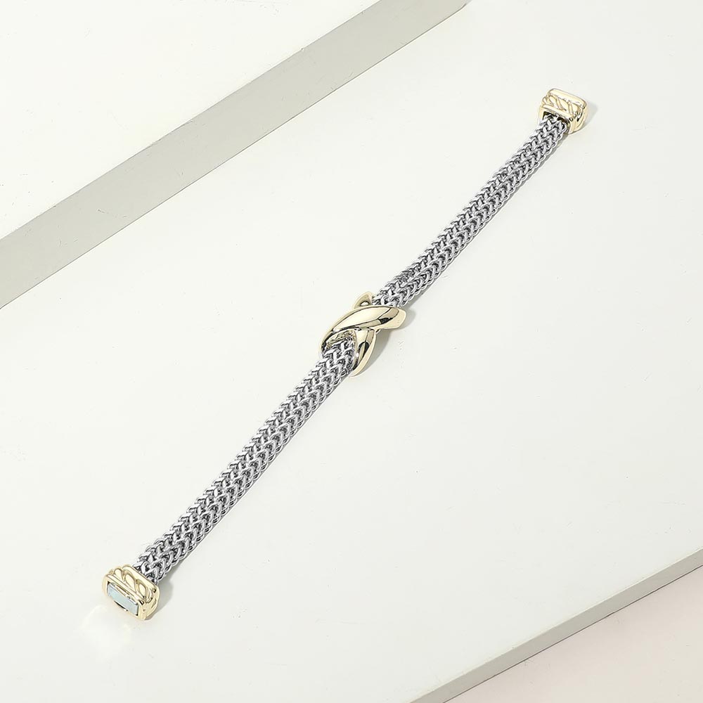 14K Gold Plated Two Tone Crisscross Centerpiece Mesh Chain Magnetic Bracelet M H W ACCESSORIES LLC 14K Gold Plated Two Tone Crisscross Centerpiece Mesh Chain Magnetic Bracelet