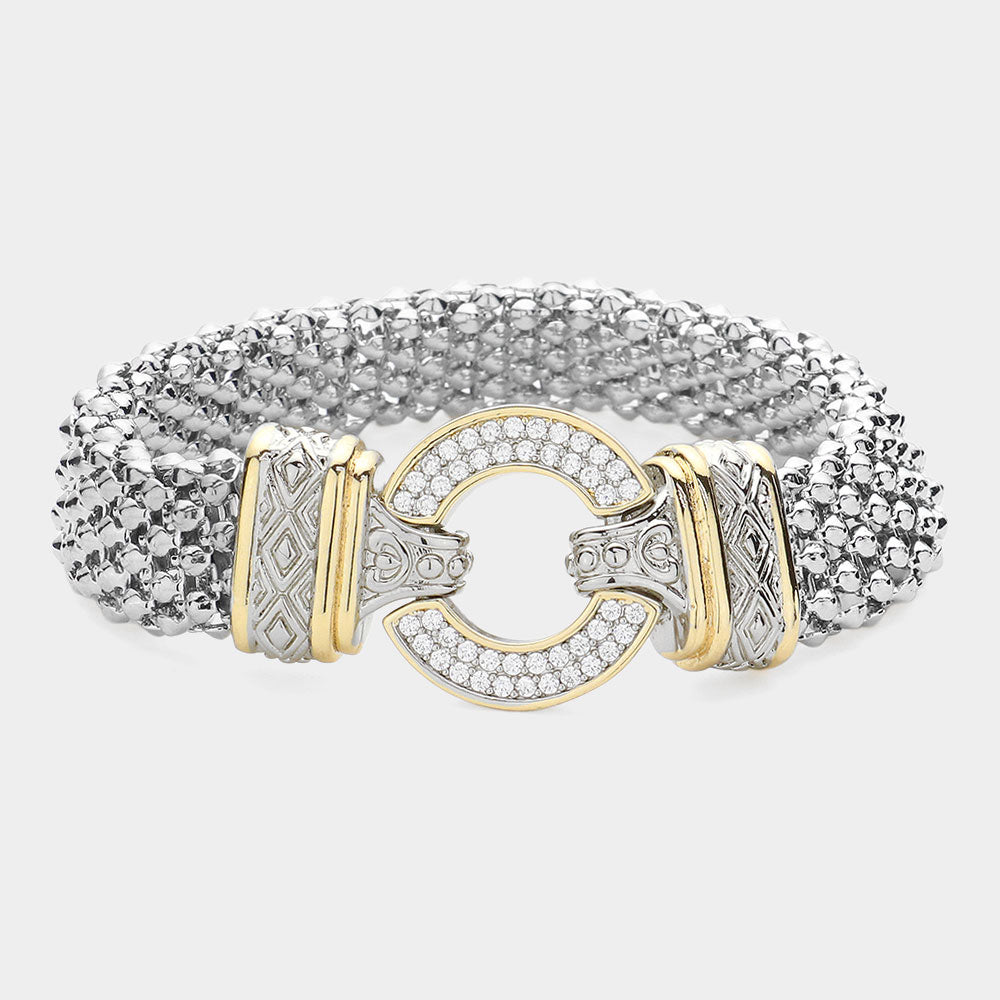 CZ Stone Paved Open O Ring Pointed Two Tome Mesh Chain Magnetic Bracelet - M H W ACCESSORIES LLC