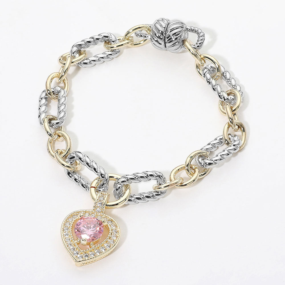 14K Gold Plated Two Tone Chunky Chain CZ  Rose Heart Charm Magnetic Bracelet M H W ACCESSORIES LLC 14K Gold Plated Two Tone Chunky Chain CZ  Rose Heart Charm Magnetic Bracelet