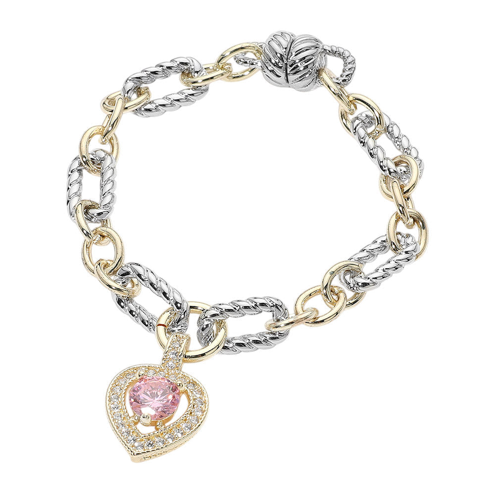 14K Gold Plated Two Tone Chunky Chain CZ  Rose Heart Charm Magnetic Bracelet M H W ACCESSORIES LLC 14K Gold Plated Two Tone Chunky Chain CZ  Rose Heart Charm Magnetic Bracelet
