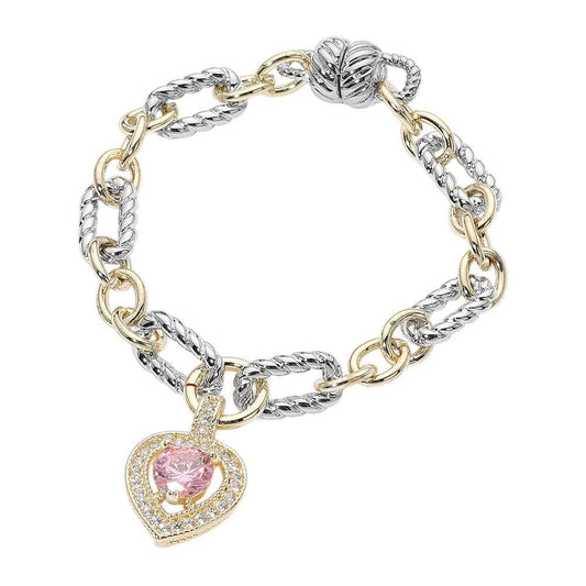 14K Gold Plated Two Tone Chunky Chain CZ  Rose Heart Charm Magnetic Bracelet M H W ACCESSORIES LLC 14K Gold Plated Two Tone Chunky Chain CZ  Rose Heart Charm Magnetic Bracelet