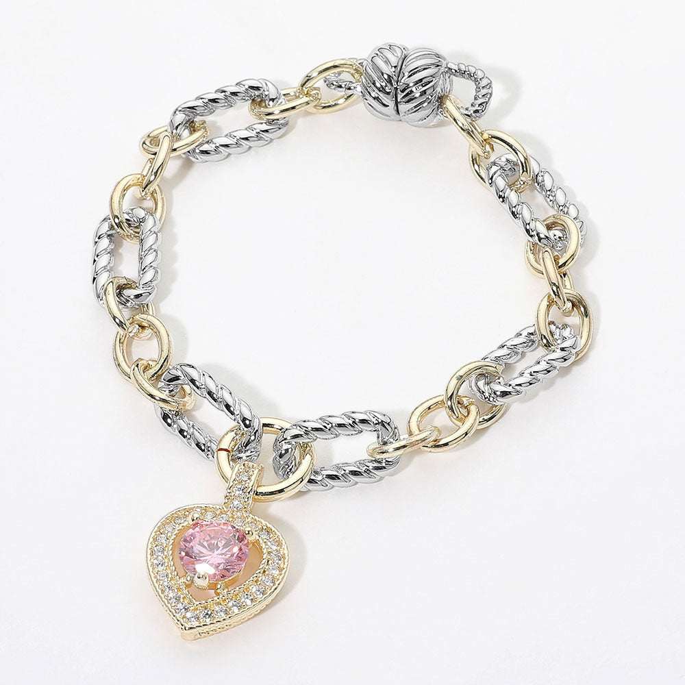 14K Gold Plated Two Tone Chunky Chain CZ  Rose Heart Charm Magnetic Bracelet M H W ACCESSORIES LLC 14K Gold Plated Two Tone Chunky Chain CZ  Rose Heart Charm Magnetic Bracelet