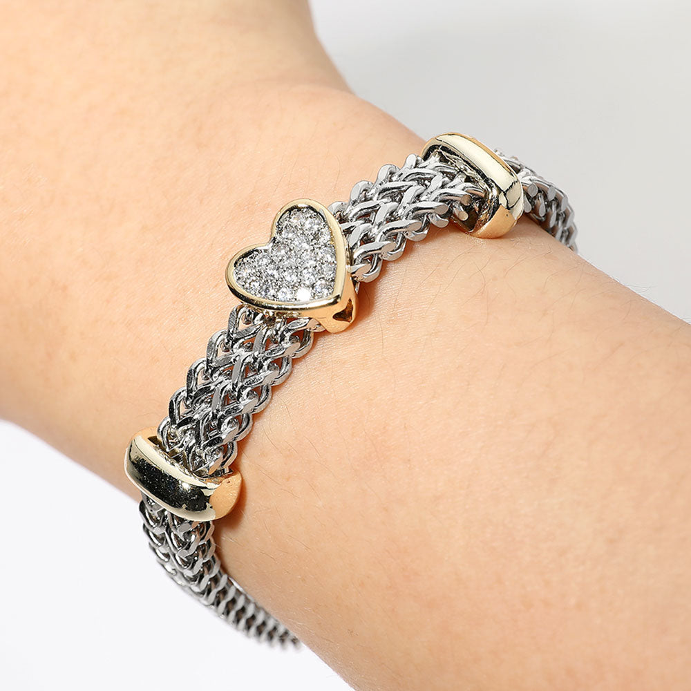 14K Gold Plated Two Tone CZ Pave Heart Accent Woven Band Magnetic Bracelet M H W ACCESSORIES LLC 14K Gold Plated Two Tone CZ Pave Heart Accent Woven Band Magnetic Bracelet