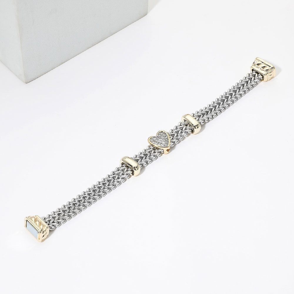14K Gold Plated Two Tone CZ Pave Heart Accent Woven Band Magnetic Bracelet M H W ACCESSORIES LLC 14K Gold Plated Two Tone CZ Pave Heart Accent Woven Band Magnetic Bracelet