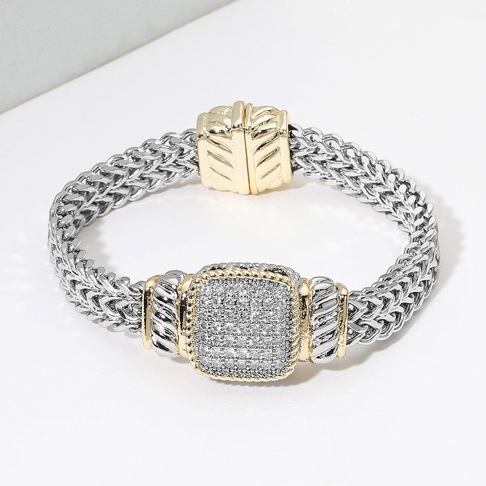14K Gold Plated Two Tone CZ Pave Square Accent Woven Band Magnetic Bracelet M H W ACCESSORIES LLC 14K Gold Plated Two Tone CZ Pave Square Accent Woven Band Magnetic Bracelet