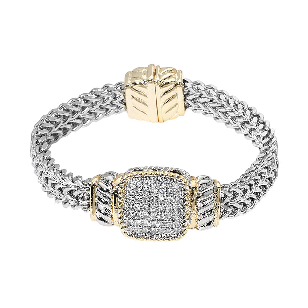 14K Gold Plated Two Tone CZ Pave Square Accent Woven Band Magnetic Bracelet M H W ACCESSORIES LLC 14K Gold Plated Two Tone CZ Pave Square Accent Woven Band Magnetic Bracelet