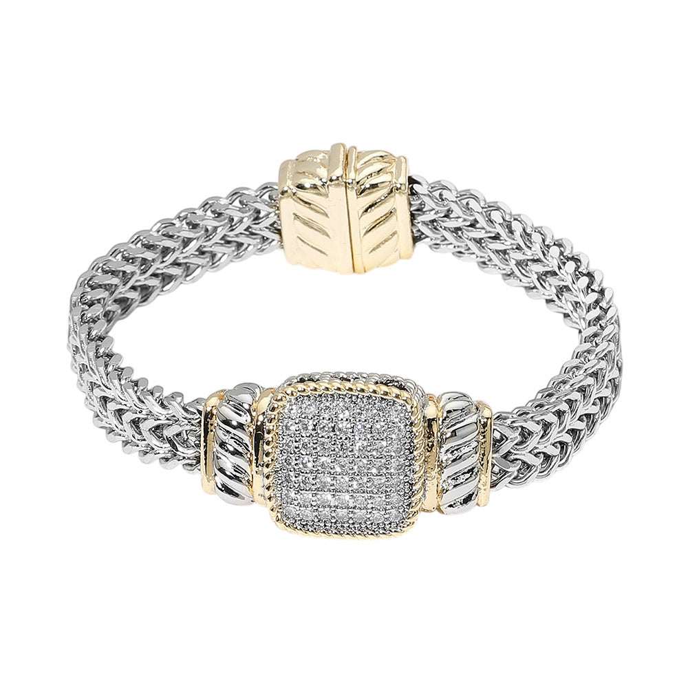 14K Gold Plated Two Tone CZ Pave Square Accent Woven Band Magnetic Bracelet M H W ACCESSORIES LLC 14K Gold Plated Two Tone CZ Pave Square Accent Woven Band Magnetic Bracelet