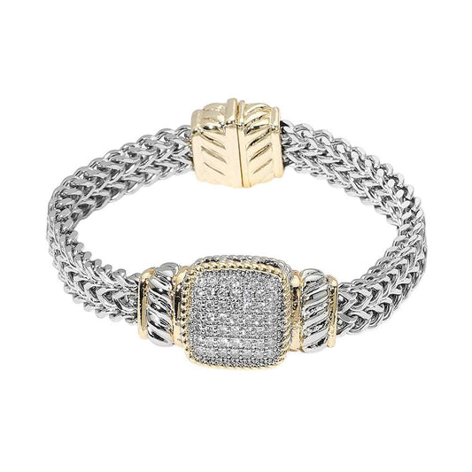 14K Gold Plated Two Tone CZ Pave Square Accent Woven Band Magnetic Bracelet M H W ACCESSORIES LLC 14K Gold Plated Two Tone CZ Pave Square Accent Woven Band Magnetic Bracelet