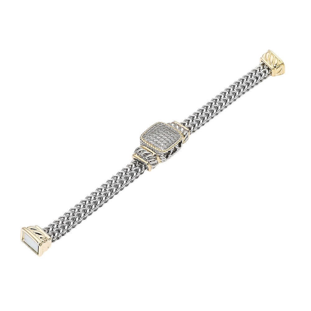14K Gold Plated Two Tone CZ Pave Square Accent Woven Band Magnetic Bracelet M H W ACCESSORIES LLC 14K Gold Plated Two Tone CZ Pave Square Accent Woven Band Magnetic Bracelet