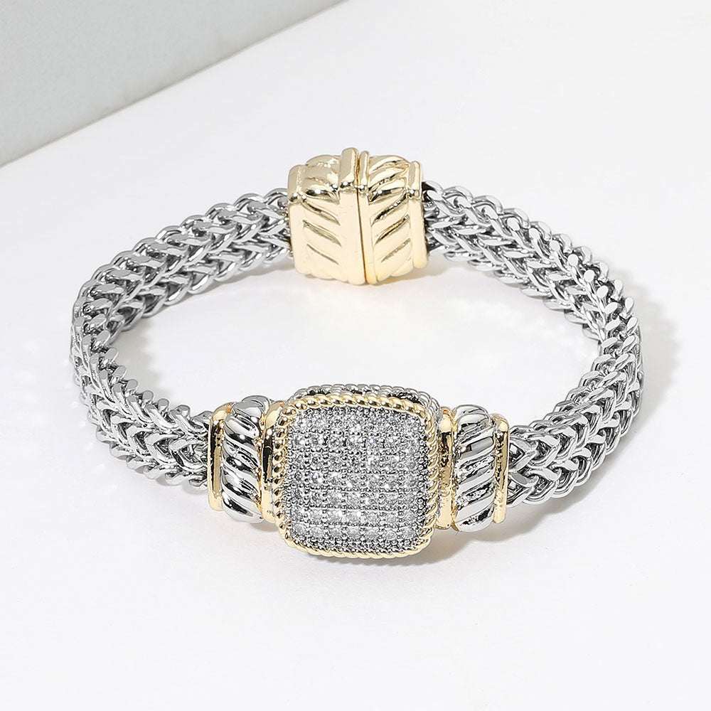 14K Gold Plated Two Tone CZ Pave Square Accent Woven Band Magnetic Bracelet M H W ACCESSORIES LLC 14K Gold Plated Two Tone CZ Pave Square Accent Woven Band Magnetic Bracelet