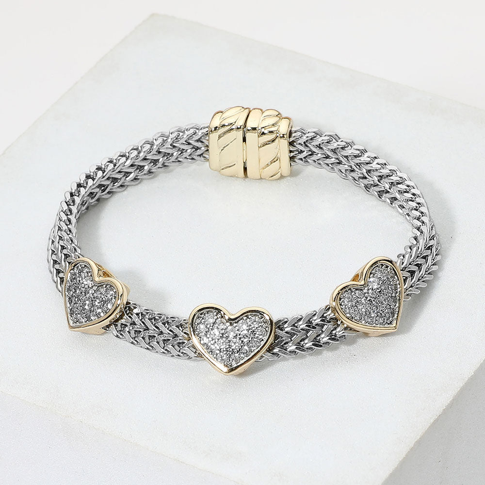 14K Gold Plated Two Tone CZ Pave Triple Heart Accent Woven Band Magnetic Bracelet M H W ACCESSORIES LLC 14K Gold Plated Two Tone CZ Pave Triple Heart Accent Woven Band Magnetic Bracelet
