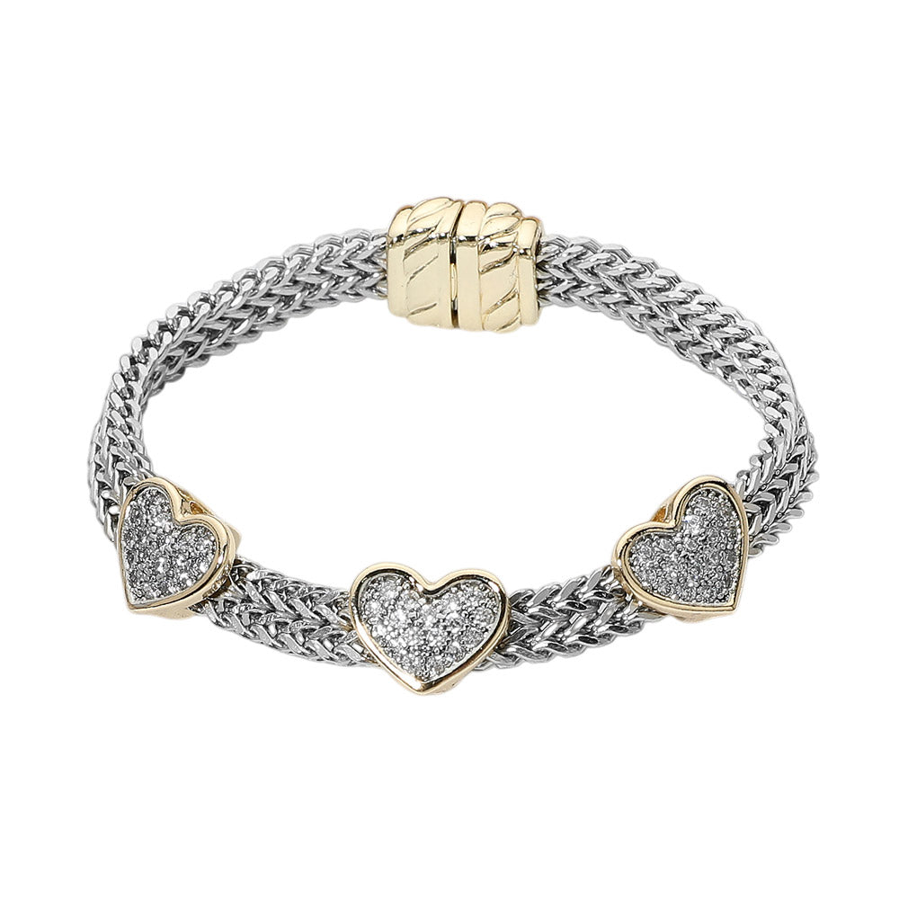 14K Gold Plated Two Tone CZ Pave Triple Heart Accent Woven Band Magnetic Bracelet M H W ACCESSORIES LLC 14K Gold Plated Two Tone CZ Pave Triple Heart Accent Woven Band Magnetic Bracelet