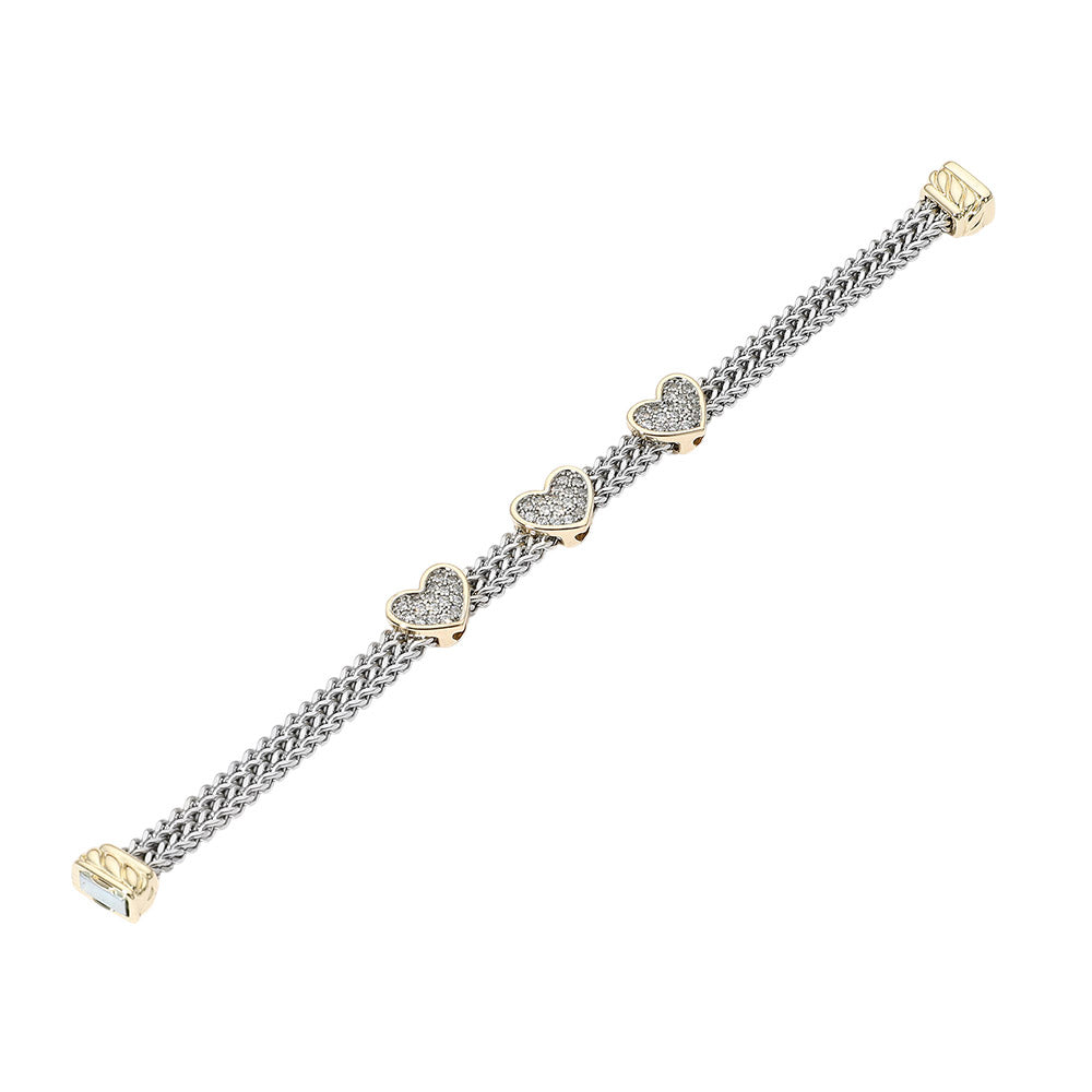 14K Gold Plated Two Tone CZ Pave Triple Heart Accent Woven Band Magnetic Bracelet M H W ACCESSORIES LLC 14K Gold Plated Two Tone CZ Pave Triple Heart Accent Woven Band Magnetic Bracelet