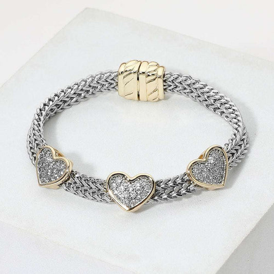 14K Gold Plated Two Tone CZ Pave Triple Heart Accent Woven Band Magnetic Bracelet M H W ACCESSORIES LLC 14K Gold Plated Two Tone CZ Pave Triple Heart Accent Woven Band Magnetic Bracelet