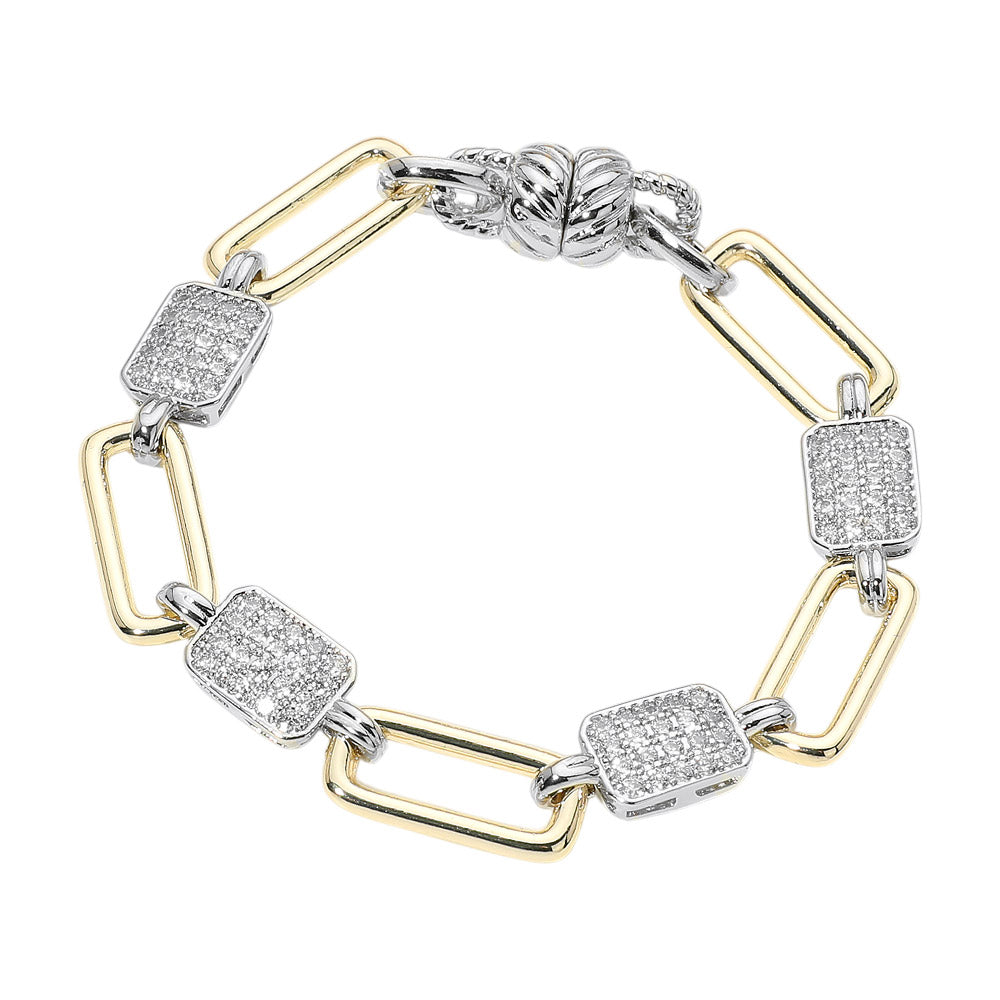 14K Gold Plated Square CZ Pave Cluster Oval Link Magnetic Bracelet M H W ACCESSORIES LLC 14K Gold Plated Square CZ Pave Cluster Oval Link Magnetic Bracelet