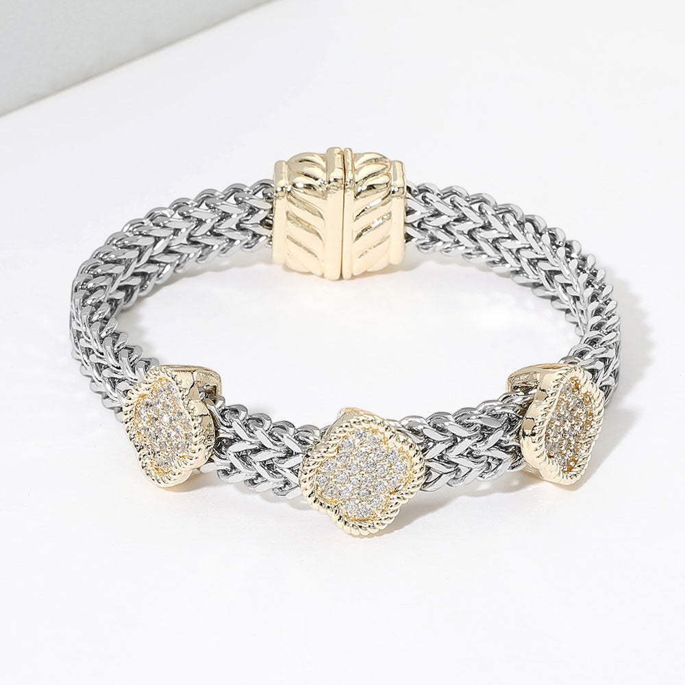 14K Gold Plated Two Tone CZ Pave Triple Quatrefoil Accent Woven Band Magnetic Bracelet M H W ACCESSORIES LLC 14K Gold Plated Two Tone CZ Pave Triple Quatrefoil Accent Woven Band Magnetic Bracelet