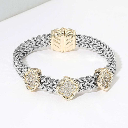 14K Gold Plated Two Tone CZ Pave Triple Quatrefoil Accent Woven Band Magnetic Bracelet M H W ACCESSORIES LLC 14K Gold Plated Two Tone CZ Pave Triple Quatrefoil Accent Woven Band Magnetic Bracelet