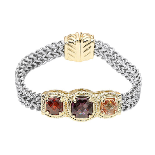 14K Gold Plated Two Tone Triple Colorful CZ Stone Accent Magnetic Bracelet M H W ACCESSORIES LLC 14K Gold Plated Two Tone Triple Colorful CZ Stone Accent Magnetic Bracelet