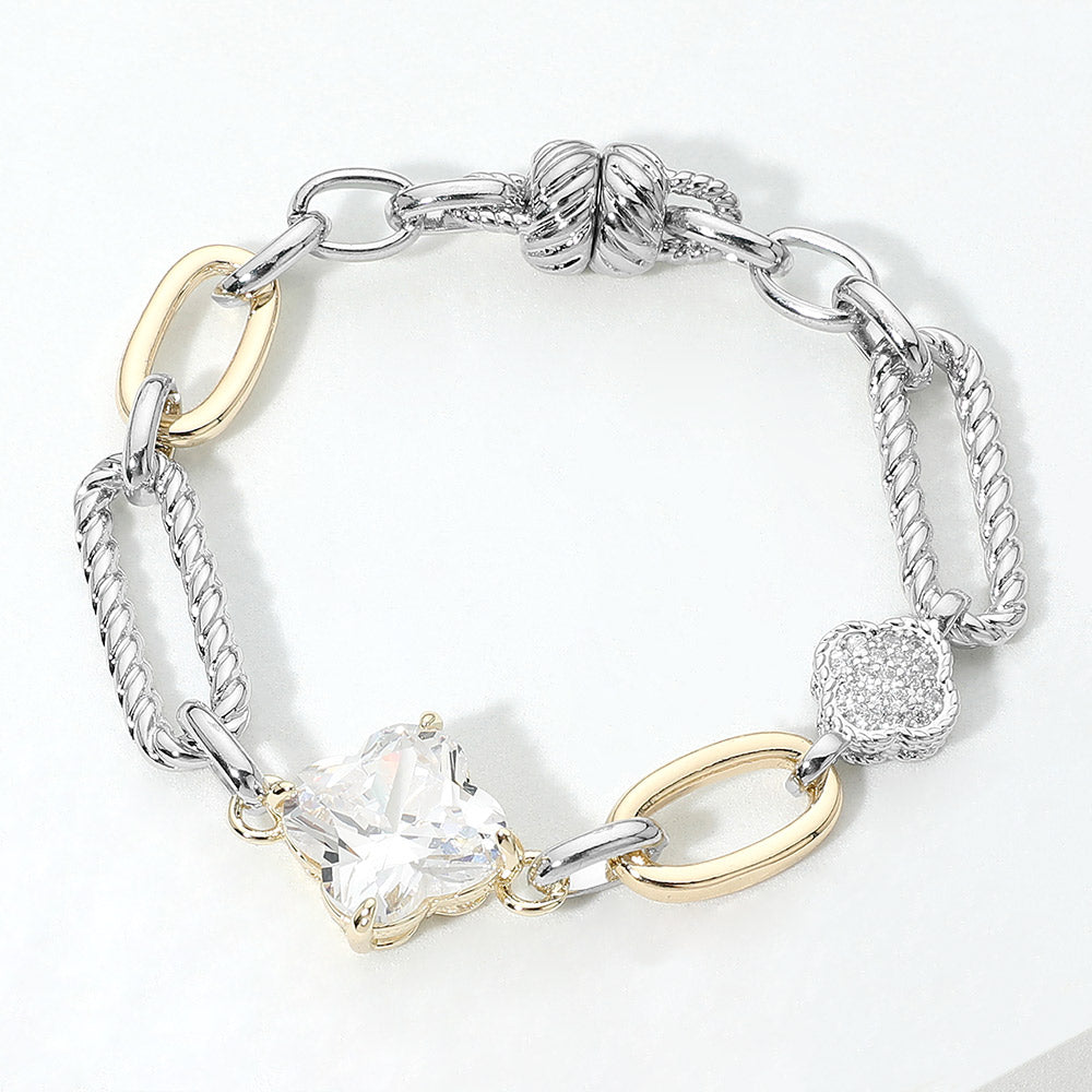 14K Gold Plated Two Tone CZ Quatrefoil Charm Accent Textured Link Bracelet M H W ACCESSORIES LLC 14K Gold Plated Two Tone CZ Quatrefoil Charm Accent Textured Link Bracelet