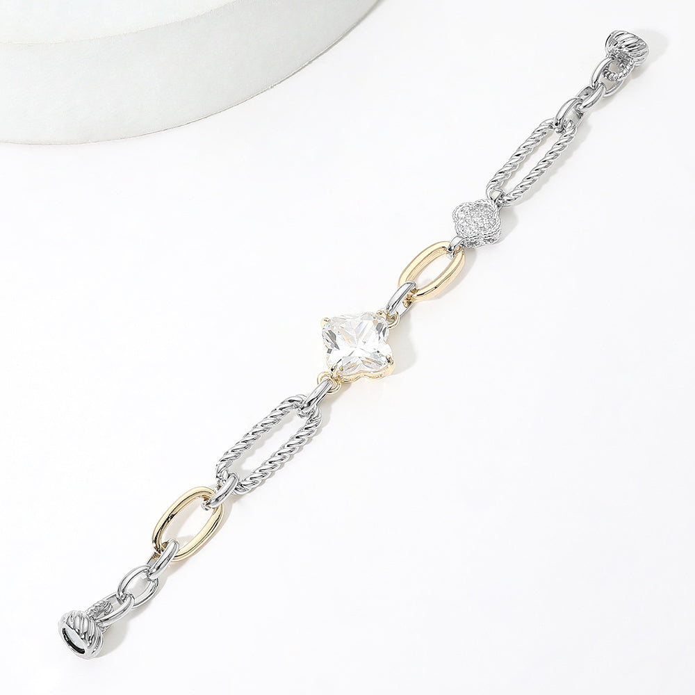 14K Gold Plated Two Tone CZ Quatrefoil Charm Accent Textured Link Bracelet M H W ACCESSORIES LLC 14K Gold Plated Two Tone CZ Quatrefoil Charm Accent Textured Link Bracelet