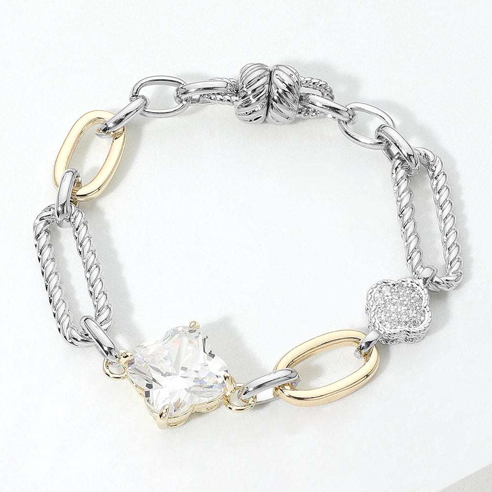14K Gold Plated Two Tone CZ Quatrefoil Charm Accent Textured Link Bracelet M H W ACCESSORIES LLC 14K Gold Plated Two Tone CZ Quatrefoil Charm Accent Textured Link Bracelet