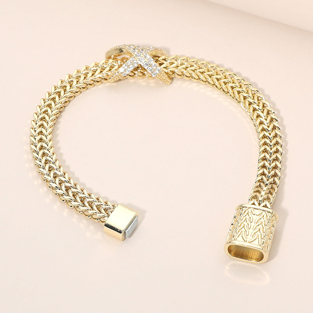 CZ Pave Crisscross Charm Accent Gold Mesh Chain Magnetic Bracelet M H W ACCESSORIES LLC CZ Pave Crisscross Charm Accent Gold Mesh Chain Magnetic Bracelet