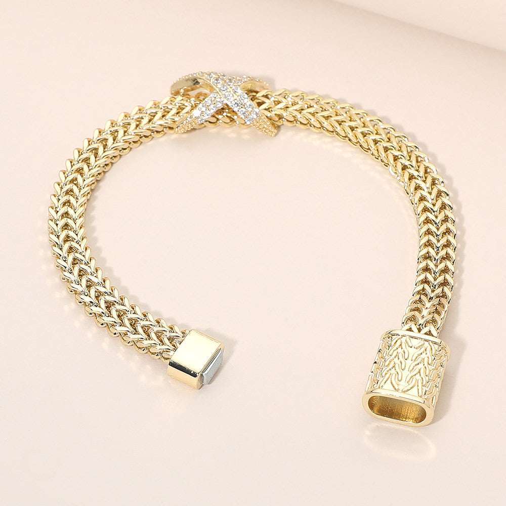CZ Pave Crisscross Charm Accent Gold Mesh Chain Magnetic Bracelet M H W ACCESSORIES LLC CZ Pave Crisscross Charm Accent Gold Mesh Chain Magnetic Bracelet