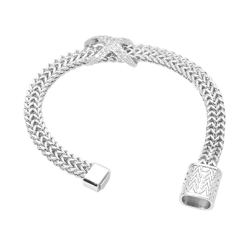 CZ Pave Crisscross Charm Accent Textured Mesh Chain Magnetic Bracelet M H W ACCESSORIES LLC CZ Pave Crisscross Charm Accent Textured Mesh Chain Magnetic Bracelet